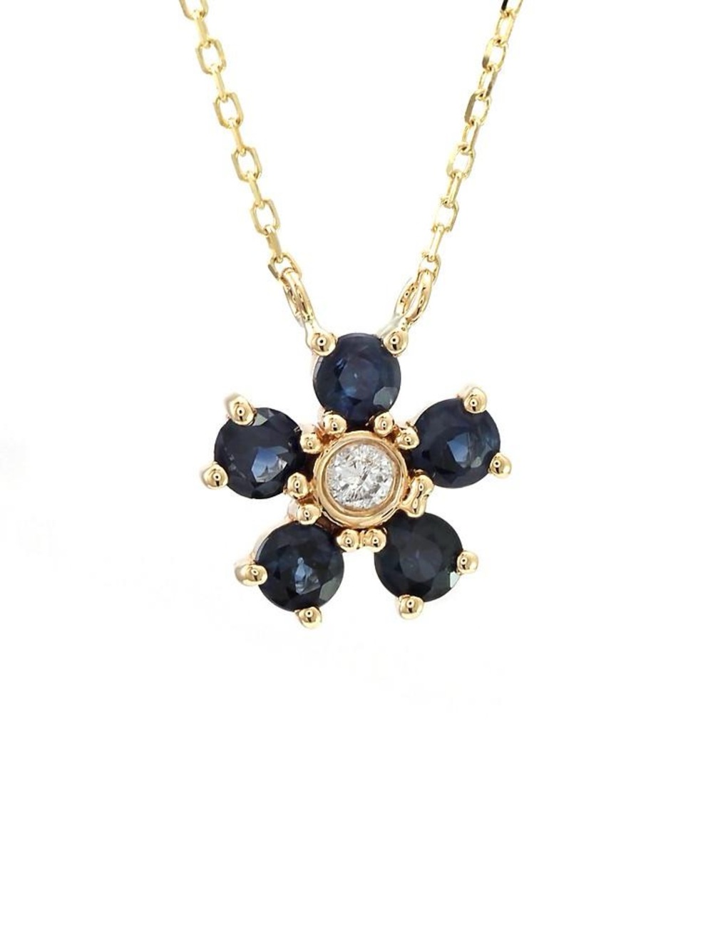 14K Real Yellow Gold Flower Round Prong Sapphire Diamond Necklace 16+2″